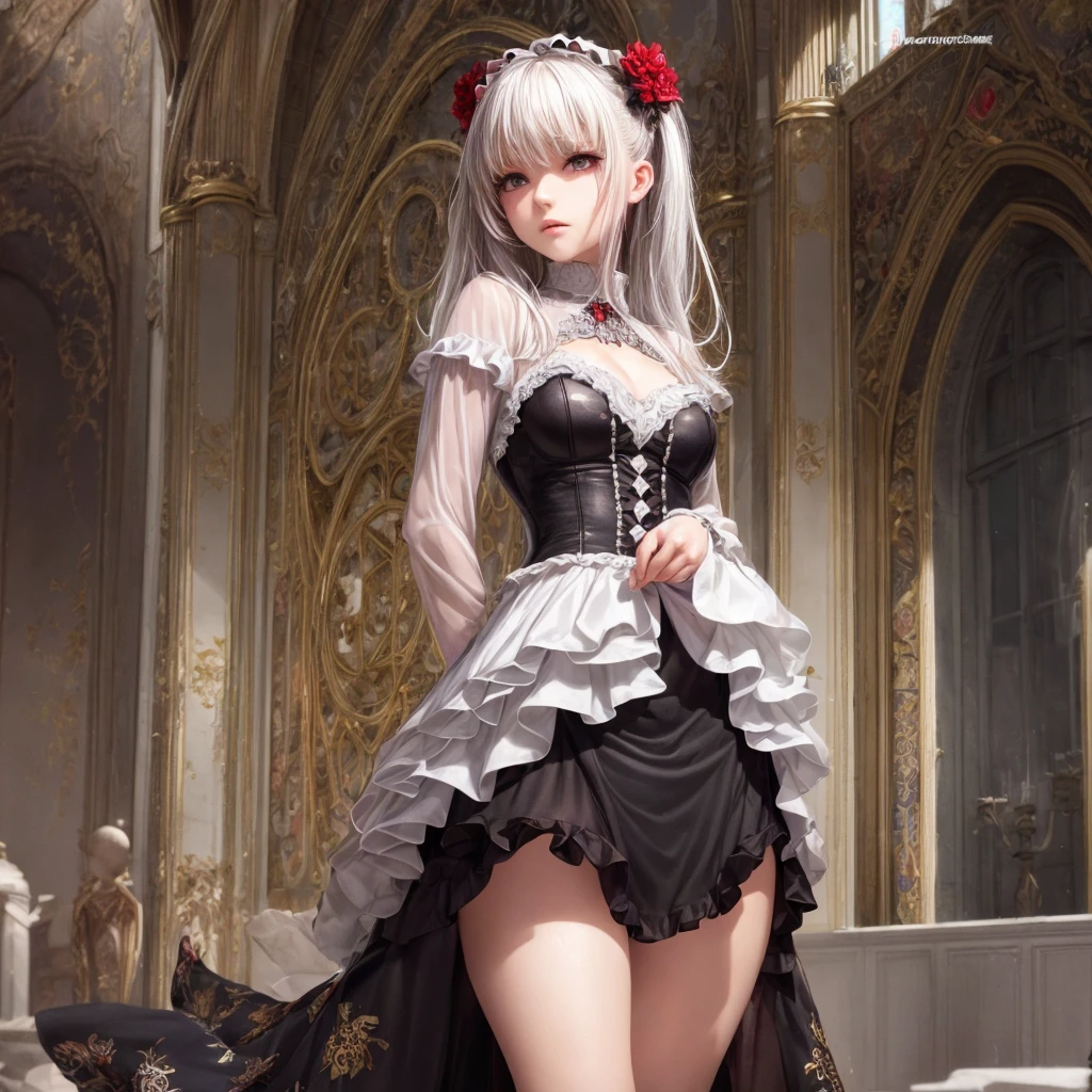 a gothic lolita girl in a majestic cathedral, beautiful detailed eyes, beautiful detailed lips, extremely detailed eyes and face, long eyelashes, elegant gothic dress with a skirt full of frills, red accent embroidery, long shining white hair, mysteriously glowing crimson eyes, queen, crystal flower, sparkling stained glass like a kaleidoscope, layered skirt with detailed embroidery, very layered ruffles, detailed texture, a geometric magic circle above her head, ornamented silver walking stick, the hidden forbidden sanctuary, cool pose, glamour, from below, (best quality, 4k, 8k, highres, masterpiece:1.2), ultra-detailed, (realistic, photorealistic, photo-realistic:1.37), HDR, UHD, studio lighting, ultra-fine painting, sharp focus, physically-based rendering, extreme detail description, professional, vivid colors, bokeh