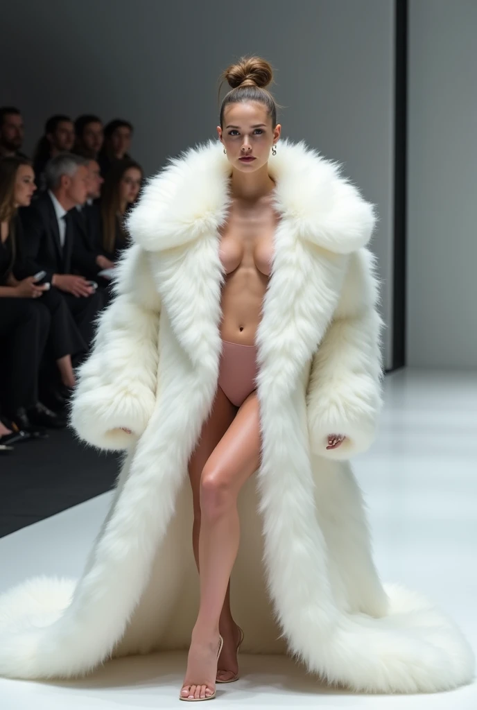 Very wide、Very thick, white mink fur coat, Thickness 150cm, fluffy, Thick white mink fur collar, 3 floors、pantyhose、(Fur fashion show)、naked、Nordic beauties、High ponytail、(Very large breasts:4.1)、naked、(Squat down and spread your legs)