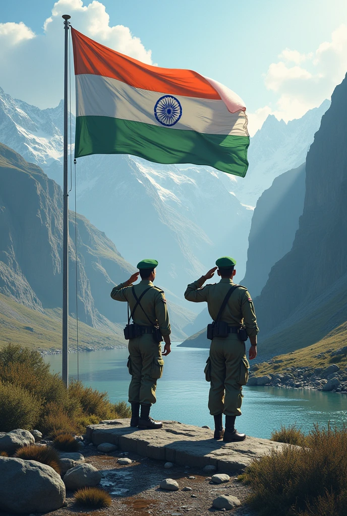 2 Indian Army Soldiers Selut The Indian Flag Background is Fully Mounten Area also A small River in the side 
