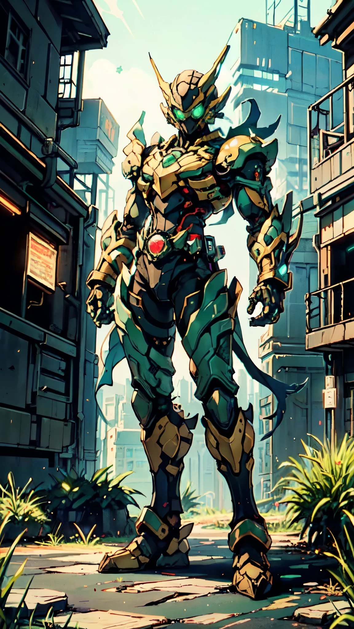 (masterpiece:1.5, best quality:1.5, extremely delicate:1.5), a man wearing a full-face helmet, a fantasy-style biotech armored combat suit, green eyes, (a composite layered chest armor), fully enclosed shoulder guards, matching arm and leg guards, belt of Neon circuit, (the color scheme is primarily black with green and red accents), the design balances heavy with agility, a high-tech bio-mecha armor, (Armor Concept Inspired by Kamen Rider, stand on the top of a skyscraper in a futuristic sci-fi city), this character embodies a finely crafted fantasy-surreal style armored hero in anime style, exquisite and mature manga art style, (element, plasma, energy, the armor glows), ((male:1.5)), metallic, high definition, highres, ultra-detailed, ultra-fine painting, professional, perfect body proportions, golden ratio, anatomically correct, symmetrical face, extremely detailed eyes and face, high quality eyes, creativity, RAW photo, UHD, 32k, Natural light, cinematic lighting, masterpiece-anatomy-perfect