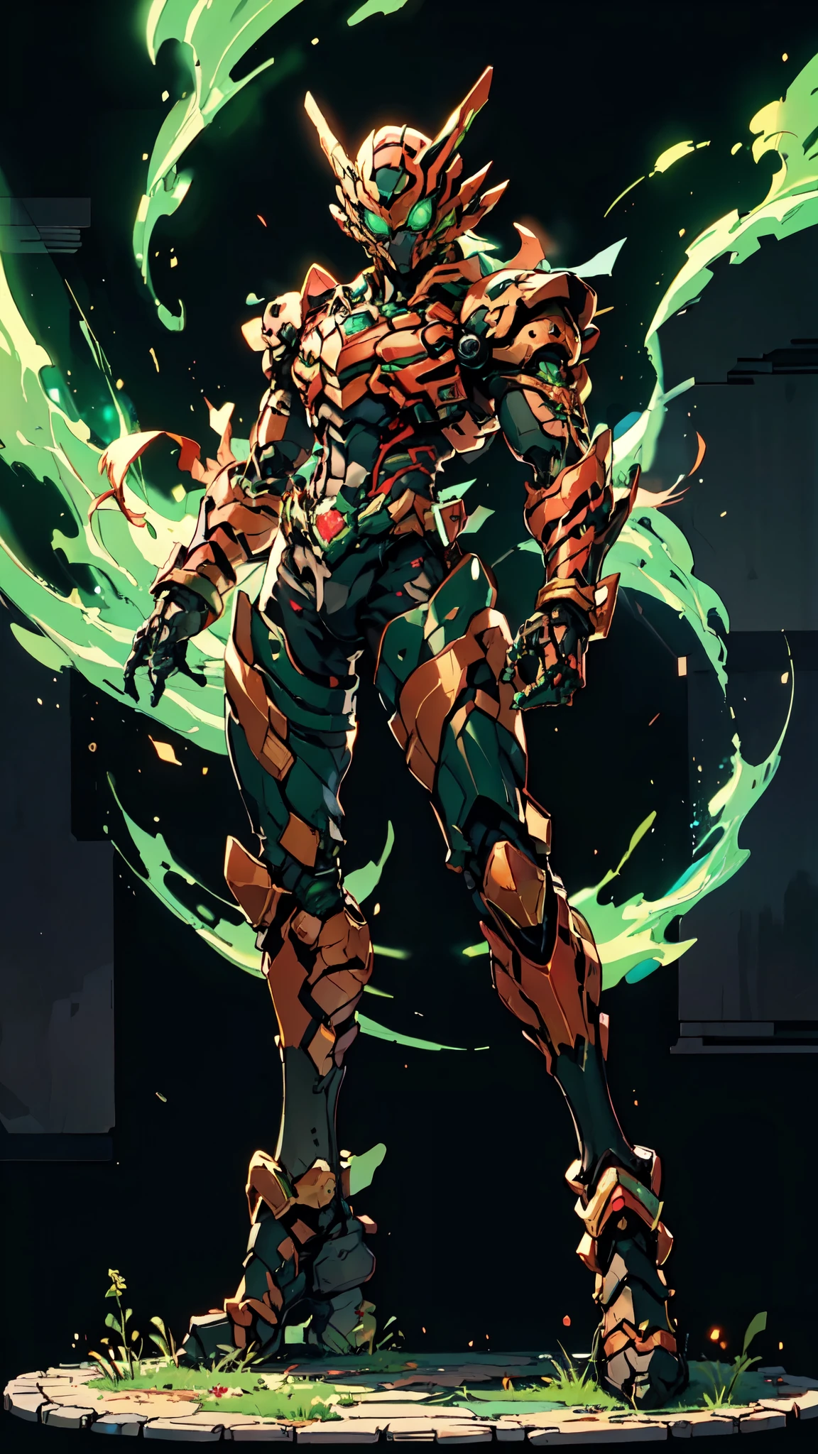 (masterpiece:1.5, best quality:1.5, extremely delicate:1.5), a man wearing a full-face helmet, a fantasy-style biotech armored combat suit, green eyes, (a composite layered chest armor), fully enclosed shoulder guards, matching arm and leg guards, belt of Neon circuit, (the color scheme is primarily black with green and red accents), the design balances heavy with agility, a high-tech bio-mecha armor, (Armor Concept Inspired by Kamen Rider, stand on the top of a skyscraper in a futuristic sci-fi city), this character embodies a finely crafted fantasy-surreal style armored hero in anime style, exquisite and mature manga art style, (element, plasma, energy, the armor glows), ((male:1.5)), metallic, high definition, highres, ultra-detailed, ultra-fine painting, professional, perfect body proportions, golden ratio, anatomically correct, symmetrical face, extremely detailed eyes and face, high quality eyes, creativity, RAW photo, UHD, 32k, Natural light, cinematic lighting, masterpiece-anatomy-perfect