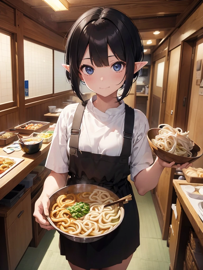 High resolution, 8K Ultra HD, ((Ink and painting)),  Inside the soba restaurant. An elf carrying a tray of wide udon noodles. There is nothing in the colander except for white udon noodles.. Short black hair elf, (((Very short hairstyle))), A small smile,　(((whole body)))