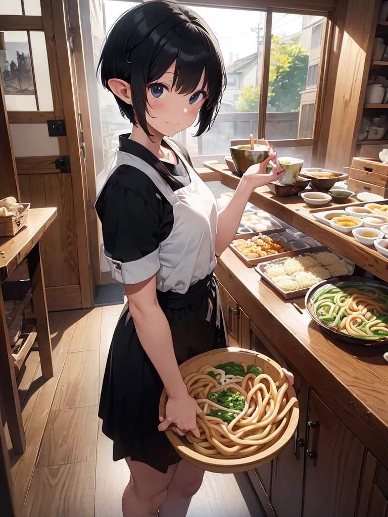 High resolution, 8K Ultra HD, ((Ink and painting)), Inside the soba restaurant. An elf carrying a tray of wide udon noodles. There is nothing in the colander except for white udon noodles.. Short black hair elf, (((Very short hairstyle))), A small smile, (((whole body)))