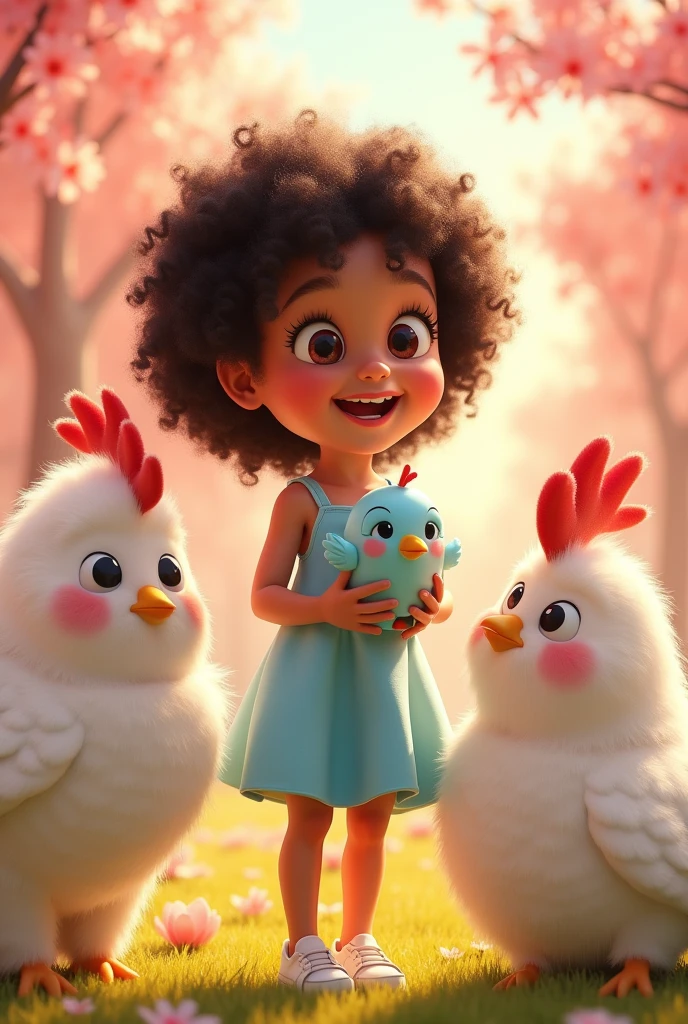 Create a 3D poster in the style of Disney PIXAR. 5 year old girl, light skin, big long black curly hair, brown eyes and smiles. light blue dress, white shoes, holding in hand a white cockerel and a small bird from the species chamin blue(all this in Disney PIXAR 3D style, cartoon style, POP market, soft lighting, smooth lines, spring tilt, detailed PIXAR 3D illustrations, hyper-realistic details, warm colors in Disney PIXAR style ...