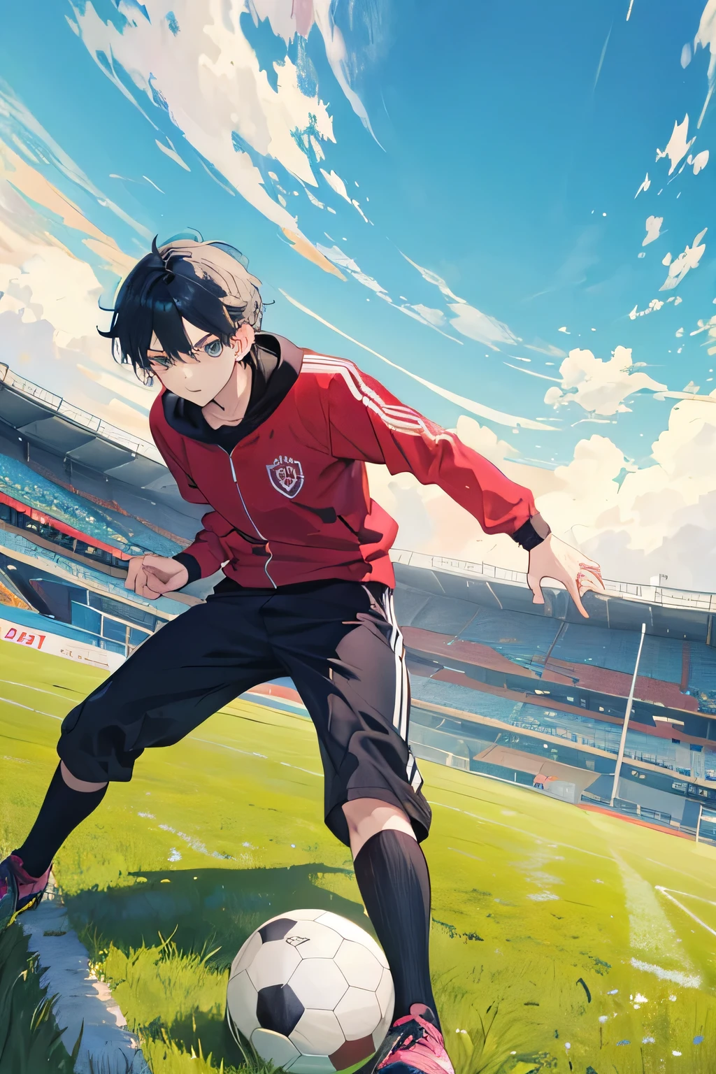 Poor anime boy playing soccer with old ball