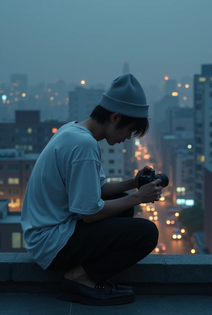 The image shows an adult Japanese male sitting perched on a rooftop at dusk or nighttime with a cityscape in the background. The subject is dressed casually, with a light grey beanie hat obscuring his face, a loose fitting white t-shirt and black pants. His hair is hidden, and his head is tilted downwards, obscuring his facial expression. He is concentrating on adjusting the camera in his hands, seemingly preparing to take a photograph. The scene has a cool, muted colour scheme, with the lighting casting a blue hue over the rooftop area, while the city below is lit with a warm yellow light from the buildings and cars in the parking lot. The overall atmosphere conveys a sense of quiet concentration and urban exploration.