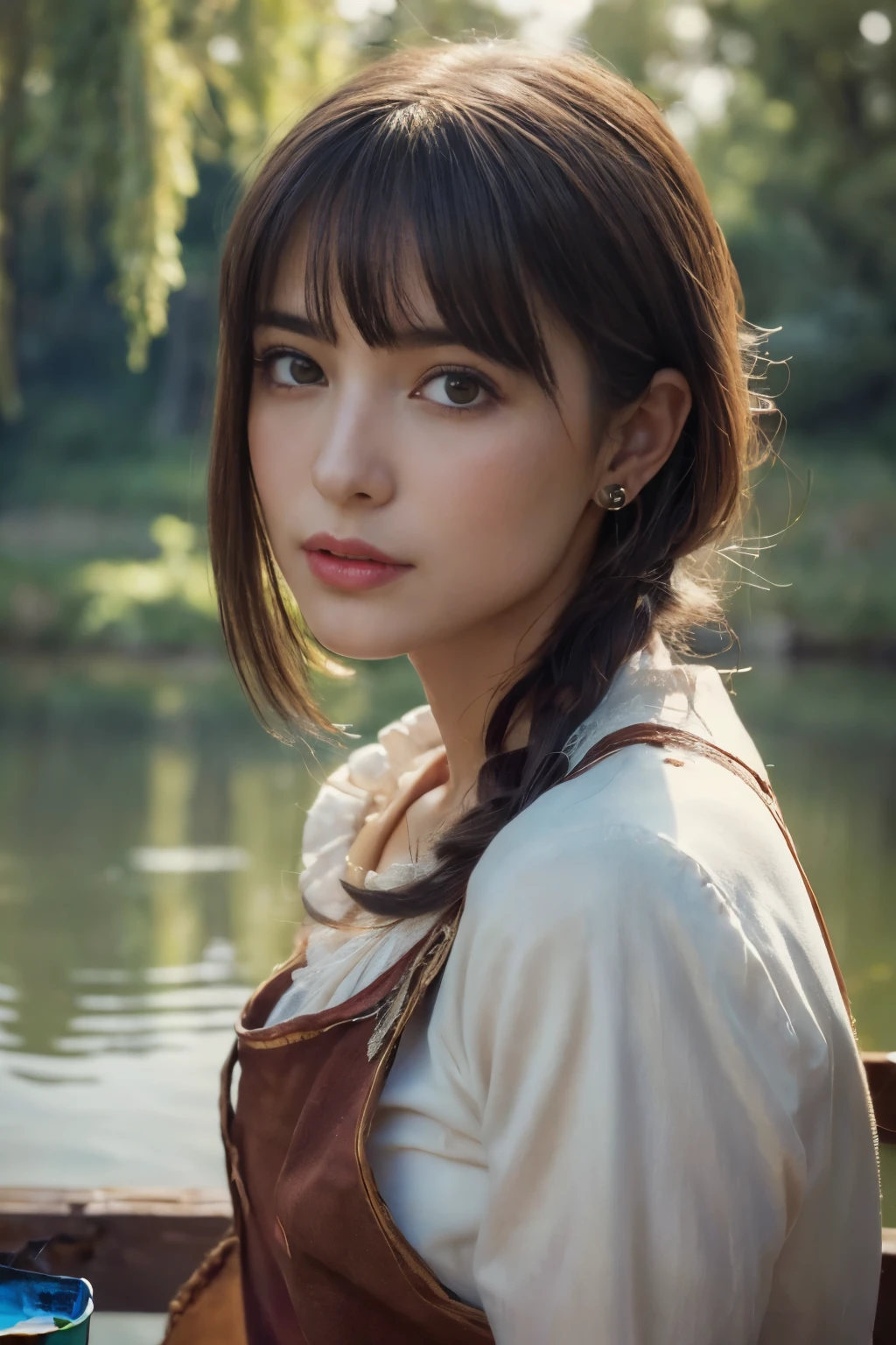 
((masterpiece:1.4, Highest quality)), (Realistic photos:1.4), (artwork), 
((1 person)), (Otherworldly beauty), (dream-like), ((1 person, Realistic photos)),
(超High resolution:1.2), Very delicate and beautiful, wonderful, Very detailed CG Unity 8k wall paper, Very detailed, High resolution, 
Soft Light, Beautiful details, Very detailed eyes and face, Beautiful and detailed nose, Beautiful and detailed, 
(１９Mid-century portrait of a French peasant girl:1.3), 
Cinema Lighting, Perfect Anatomy, Slender body, (Parted bangs),
(The world of Barbizon painting:1.5), (「Ville＝The pond of Davray」)