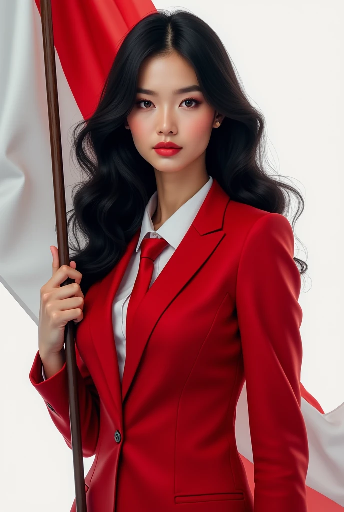 Portrait, beautiful woman, holding Indonesian flag, alpha female, shirt, blazer red, tie, elegant, black hair, white background