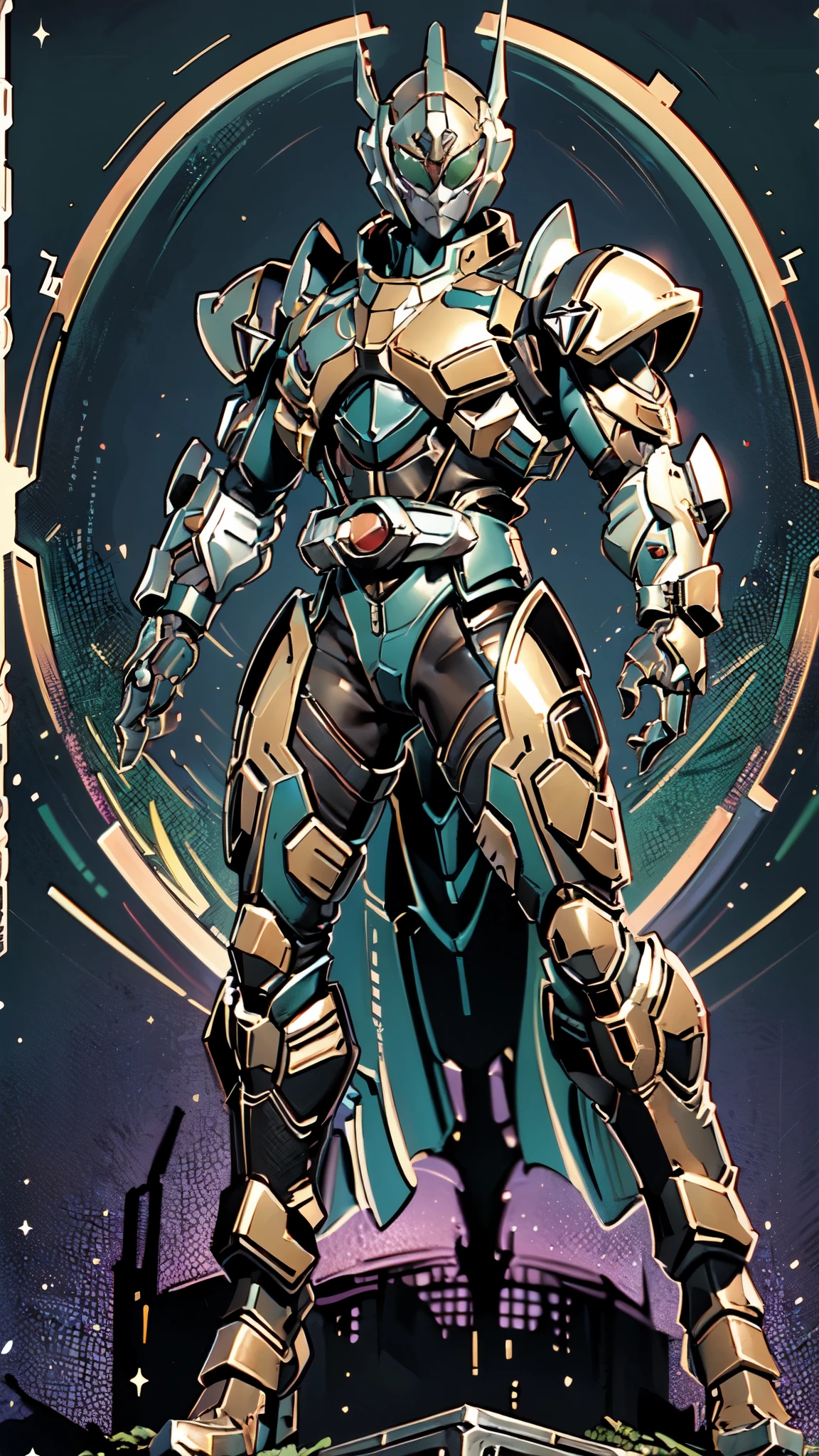 (masterpiece:1.5, best quality:1.5, extremely delicate:1.5), a man wearing a full-face helmet, a fantasy-style biotech armored combat suit, green eyes, (a composite layered chest armor), fully enclosed shoulder guards, matching arm and leg guards, belt of Neon circuit, (the color scheme is primarily black with green and red accents), the design balances heavy with agility, a high-tech bio-mecha armor, (Armor Concept Inspired by Kamen Rider, stand on the top of a skyscraper in a futuristic sci-fi city), this character embodies a finely crafted fantasy-surreal style armored hero in anime style, exquisite and mature manga art style, (element, plasma, energy, the armor glows), ((male:1.5)), metallic, high definition, highres, ultra-detailed, ultra-fine painting, professional, perfect body proportions, golden ratio, anatomically correct, symmetrical face, extremely detailed eyes and face, high quality eyes, creativity, RAW photo, UHD, 32k, Natural light, cinematic lighting, masterpiece-anatomy-perfect