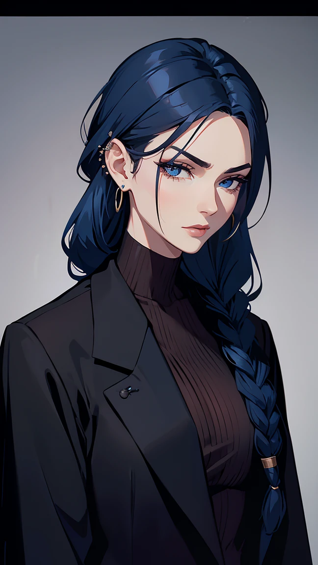 blue hair styled in a thick, long braid, glossy and striking; elongated, oblong face with high, defined cheekbones and a softly rounded chin; intense, captivating dark eyes framed by well-groomed eyebrows; full, plush, perfectly-shaped dark red lips; well-defined ears with small piercings, fitted black jacket over a high-necked dark red tshirt, modest and stylish; sleek, tailored jacket with subtle details; intricate tattoos subtly visible on right arm; modern helix piercing; calm and serious expression