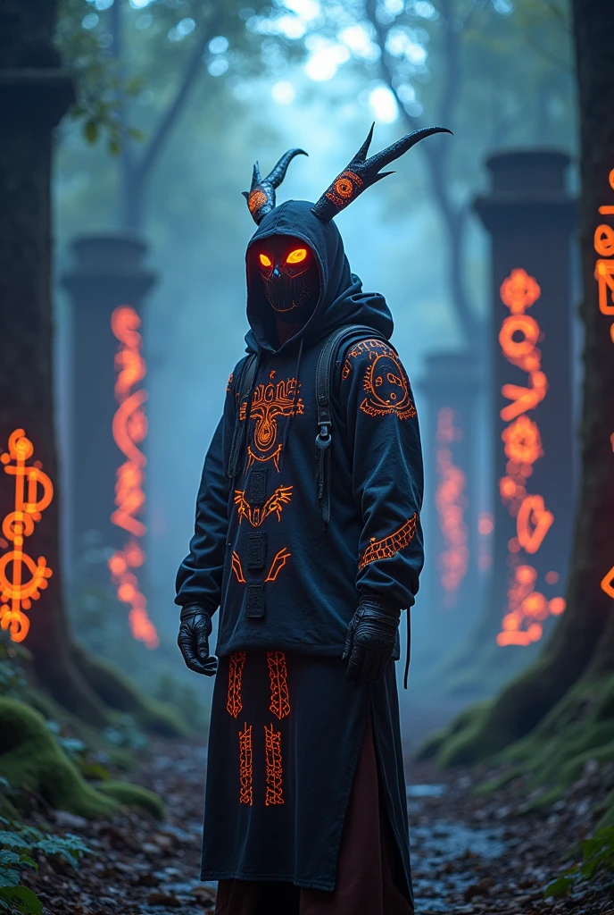 A high-resolution brightly lit photorealistic photograph of a tech wear shaman wearing shamanic ornaments and face mask with criptic signs glowing on the fabric standing by an ancient rain forest temple ruins glowing with criptic symbols of tribals and alienish paterns on the tree trunks glowing in uv colours smog and misty fog in the atmosphere broken ruins of ancient goddess skulptor glowing in uv colours The photograph is styled like a high-end lifestle Movie hdr32 k this orignal image octate render unreal lightings, highly detailed , photo realistic , unreal engine 5, depth of view, add noise, Effet de vent:1.9,Effets de nuage:1.2,Rendu complet,Encaustic painting,flammes, epic, dawn, dramatic lighting, dim light, bokeh, The photograph has a light bright happy feel. Use a high-resolution 16k camera with a 2:3 aspect ratio, a raw style, and a quality setting of 2 to capture this vibrant scene . 32k, full ultra hd, high resolution, photorealistic, natural lighting, ultra realistic photo, high quality, HDR, high resolution, smooth and delicate skin, noble and elegant, ultra-realistic photography vibe, shot with Canon camera, intricate details, 32k --ar 16:9 --s 750 --v 6.1