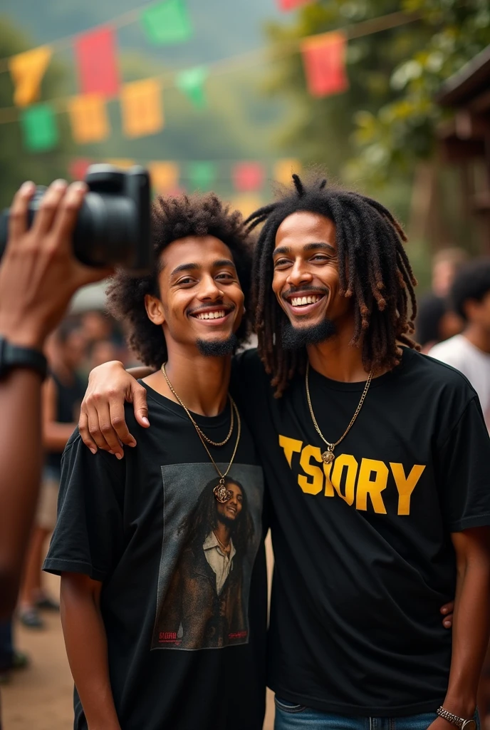 Un jeunne homme de 15 ans qui pote un t-shirt noir anomme "TSIORY" au poitrine prendre un photo avec bob marley