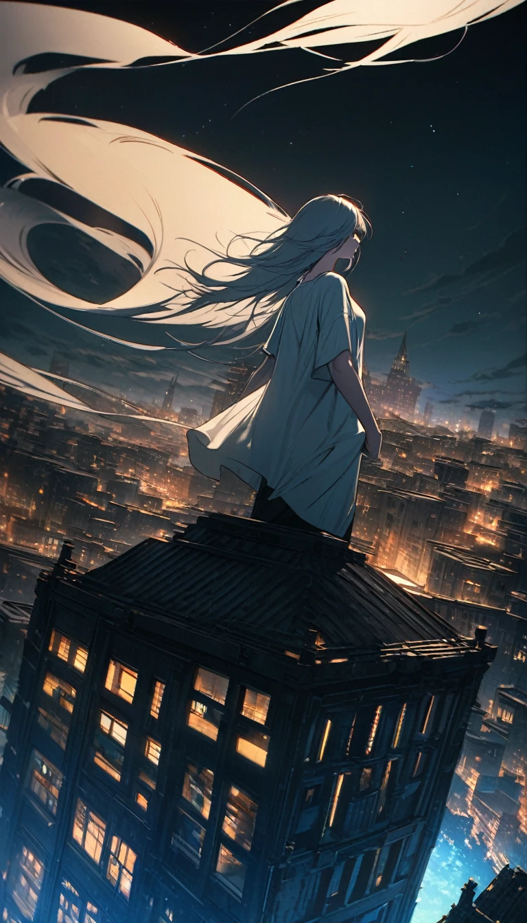Highest quality, Super Fine, 16K, Incredibly absurd, Very detailed,On top of a building, Gazing into the distance, Wear a loose long T-shirt, Captivating look, Wind, Wind-effect, moonlit nightscape, (Nice views:1.1) , Looking down on the clockpunk town