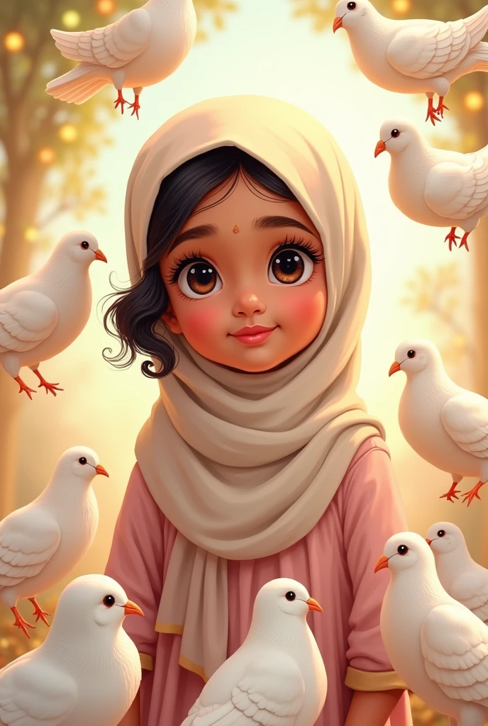 Drawing vector style ,a cute age South Indian Muslim Girl, she is wearing Hijab conering her hair,one curly hair is visible, age 6, adorable 10 white Pejions surround very close to her, beautiful detailed eyes, beautiful detailed lips, extremely detailed eyes and face, long eyelashes, cute and adorable expression, beautiful young girl, soft lighting, warm color tones, (best quality,4k,8k,highres,masterpiece:1.2),ultra-detailed,(realistic,photorealistic,photo-realistic:1.37),colorful, vibrant, adorable, cute, Cubs highly detailed, intricate, whimsical, magical, fantasy, soft focus, dreamy, warm lighting, oil painting