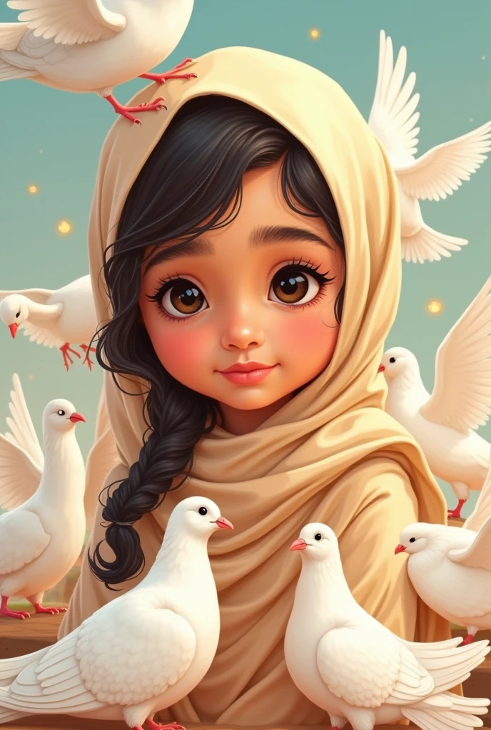 Drawing vector style ,a cute age South Indian Muslim Girl, she is wearing Hijab conering her hair,one curly hair is visible, age 6, adorable 10 white Pejions surround very close to her, beautiful detailed eyes, beautiful detailed lips, extremely detailed eyes and face, long eyelashes, cute and adorable expression, beautiful young girl, soft lighting, warm color tones, (best quality,4k,8k,highres,masterpiece:1.2),ultra-detailed,(realistic,photorealistic,photo-realistic:1.37),colorful, vibrant, adorable, cute, Cubs highly detailed, intricate, whimsical, magical, fantasy, soft focus, dreamy, warm lighting, oil painting