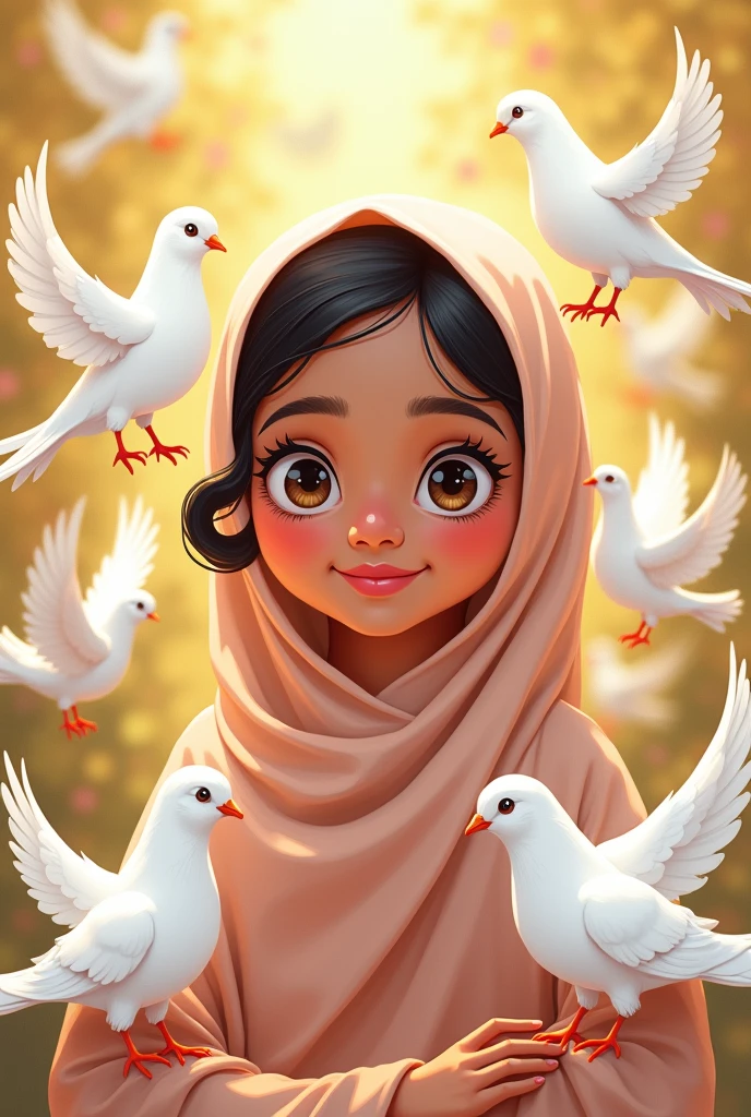 Drawing vector style ,a cute teenage South Indian Muslim Girl, she is wearing Hijab conering her hair,one curly hair is visible, age 6, adorable 10 white Pejions surround very close to her, beautiful detailed eyes, beautiful detailed lips, extremely detailed eyes and face, long eyelashes, cute and adorable expression, beautiful young girl, soft lighting, warm color tones, (best quality,4k,8k,highres,masterpiece:1.2),ultra-detailed,(realistic,photorealistic,photo-realistic:1.37),colorful, vibrant, adorable, cute, Cubs highly detailed, intricate, whimsical, magical, fantasy, soft focus, dreamy, warm lighting, oil painting