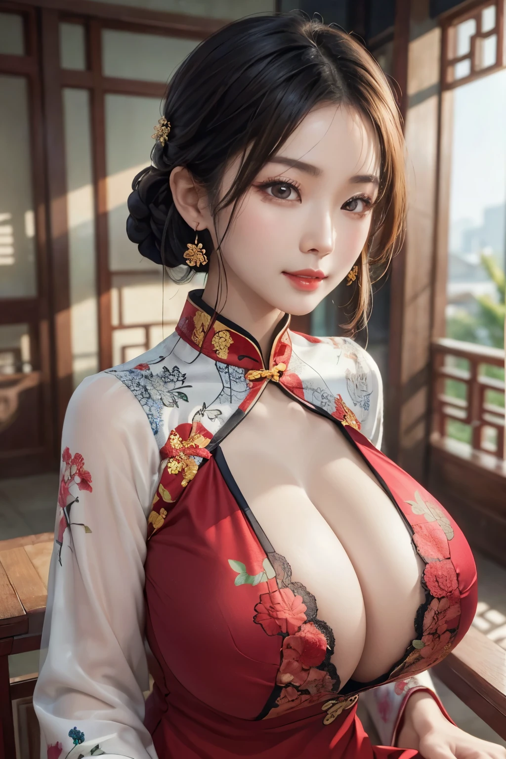 a  Chinese woman wearing a cheongsam,
(((masterpiece))), ((best quality)), ((intricate detailed)), ((Hyperrealistic)), absurd res, milf, mature woman, perspective, highly detailed, illustration, 1girl, ((large breasts)), perfect hands, detailed fingers, beautiful detailed eyes, updo hair, brown eyes, ( sexy chinese dress:1.2), earrings, detailed background, perfect eyes, seductive eyes, looking at the viewer, from front, eyes are beautiful