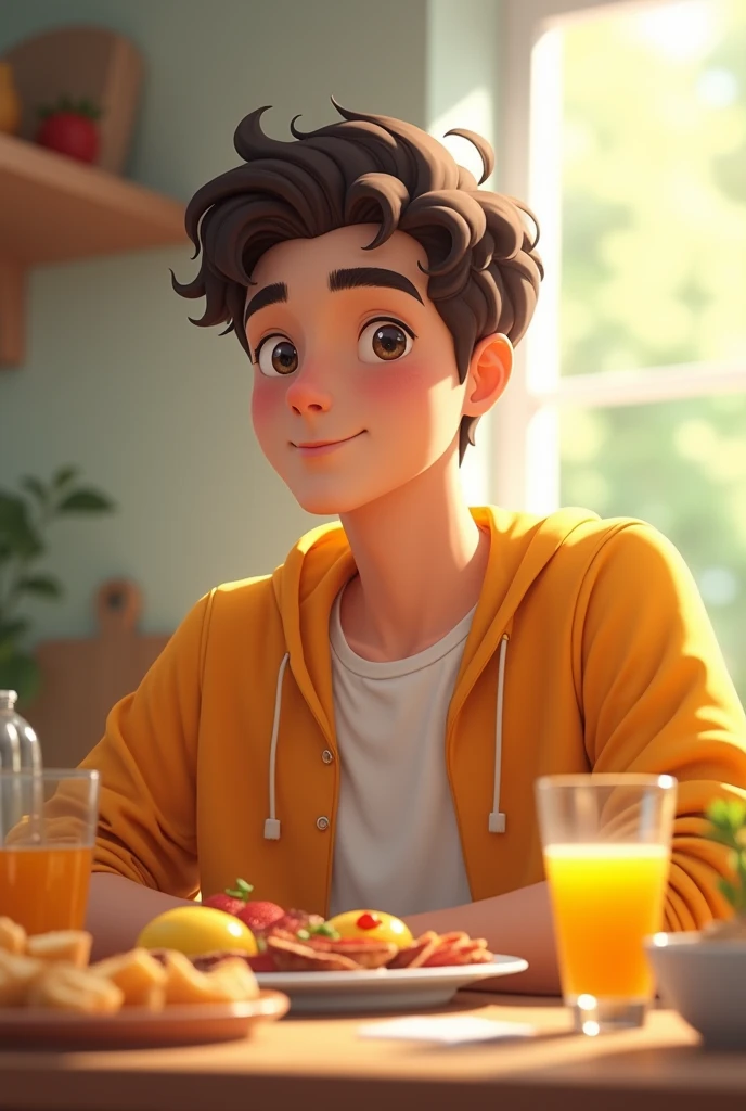 male age student eating healthy breakfast, An orange juice in the morning of a bright and hopeful day