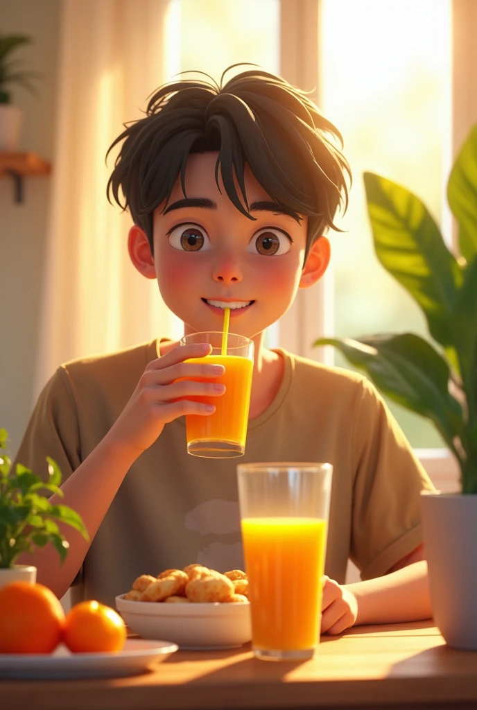 male teenage student eating healthy breakfast, An orange juice in the morning of a bright and hopeful day