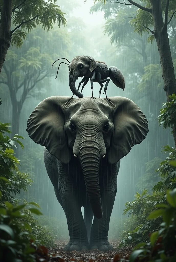 An ant lifts an elephant, the elephant on top of the ant, in the jungle under the rain