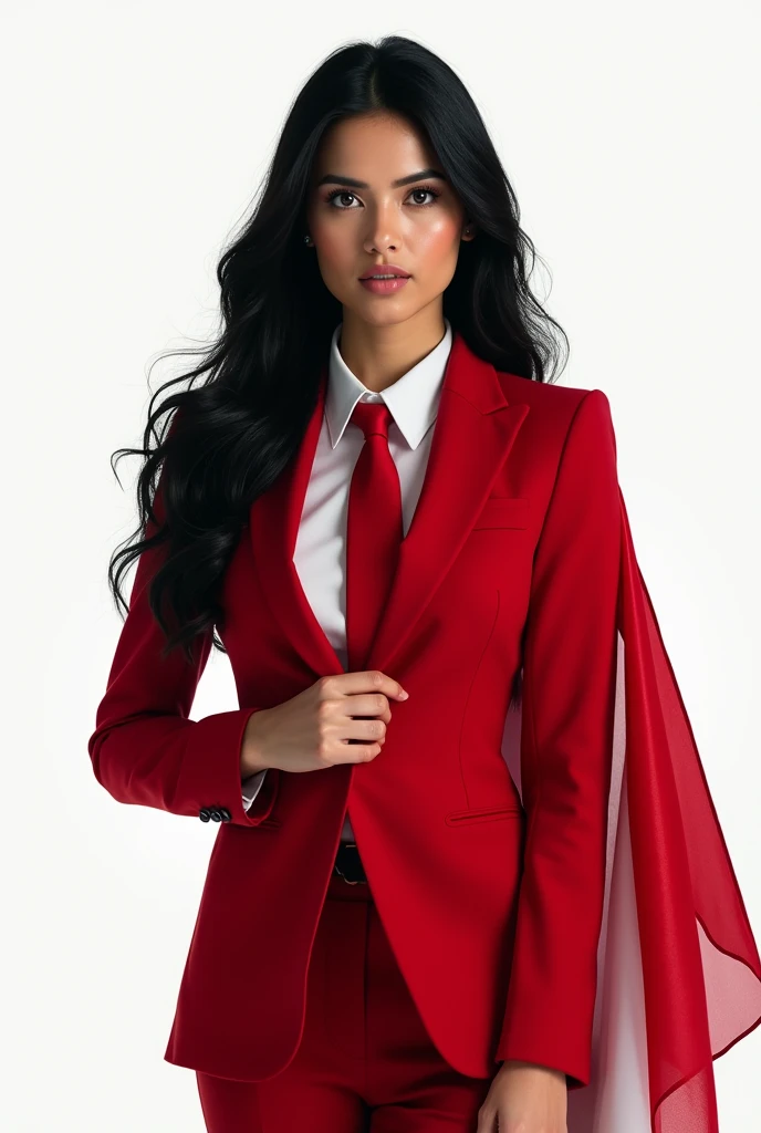 Portrait, beautiful woman, holding Indonesian flag, alpha female, shirt, blazer red, tie, elegant, black hair, white background