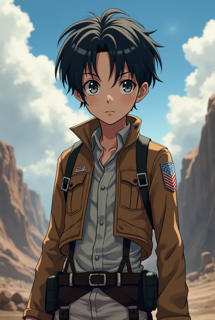 boy, full body, black short curly hair, thin, grey eyes, reconnaissance corps, in the style of anime Attack on titan 