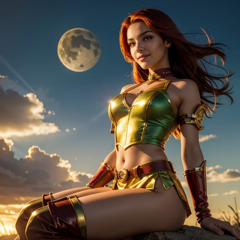 (​masterpiece, best quality:1.5), highest quality, High resolution, super detailed, Realists, Full body photo of 18-year-old Starfire from Teen Titans, detailed and beautiful green eyes, beautiful detailed lips, very detailed eyes and face, longeyelashes, additional eyebrows in the forehead area, Beautiful and colorful makeup, Fighting Pose, dark red hair, slightly orange skin, bright daylight, bright colors, fine brushstrokes, Portrait style, beautiful color palette, glowing skin, First-class rendering, that captures every detail, enchanting atmosphere, (perfect anatomy:1.2), (The two stunning Starfire wear a top with shoulder plate, Rock and over-the-knee boots.Animated series Teen Titans 2003, green star fire flies through the air,  Energy shines in her hands. She smiles with joy Panoramic view:1.2)
