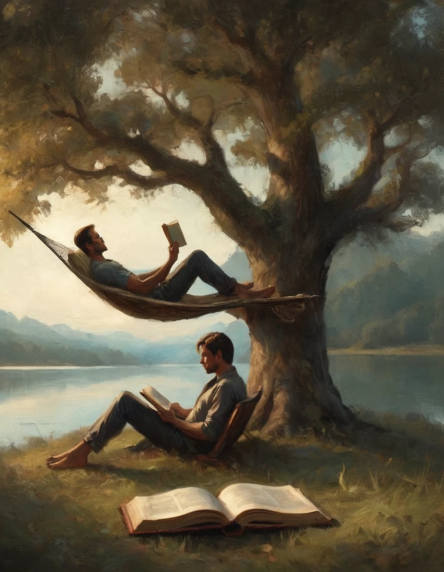 Hyperreal digital art style, "Fairytale", fantasy world coming out of centered book, open book, hyperdetailed double exposure fantasy illustration, masterpiece, cinematic, by Andreas Lie, Luke Gram, photorealism, backlit, gorgeous light, a man with long hair resting in a hammock reading a book
