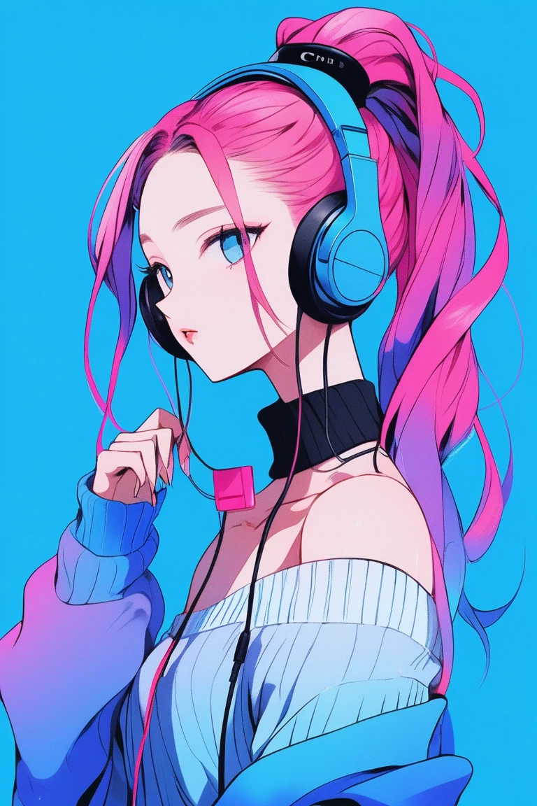 Illustrator, anime , Realistic ,sketch , 1 person, ,lip, Eyes widen, Off-the-shoulder sweater, whole body, order, Blue gradient background, Neon colored long ponytail hair,(((Headphones around the neck))), Texture Trim, Canadian, (masterpiece,Highest quality)
