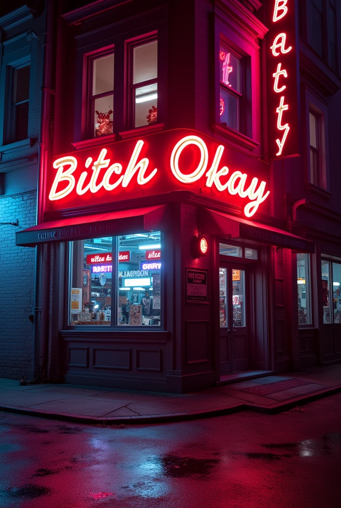 Brothel with bright LEDs logo "Bitch Okay" written on the wall in red color