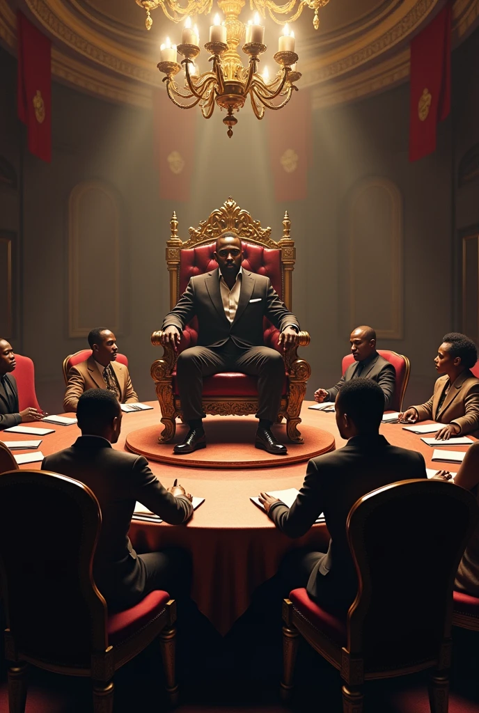 A 2024 black rapper artist sitting on a throne in the middle of a round table where others rappers competitors artists are seated.