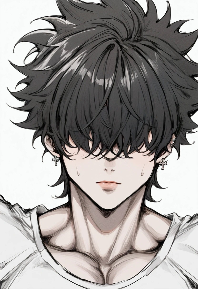 Male, standing at 5-foot 9-inches (175.26cm) with a face that even top supermodels could only wish for, albeit with a small scar on his cheek, he was just wearing a plainwhite short-sleeve shirt with gray-cargo sweatpants, his tight shirt vaguely showing the subtle outline his 8 toned abs and toned broad shoulders making a perfect V-Taper aligned with his slim waist, he had pretty large forearms and his arms (including biceps) were unreasonably shredded, perfectly sculpted, also having great muscle definition, and a Strong - Extremely Athletic Physique, he had Fluffy - Wavy Strawberry-Blonde hair with a Double-Eyebrow slit, he had Deep-Blood Red eyes, but they were covered, due to his hair being messy, with Fluffy - Wavy Locks falling over his face, his hair reaching just past his ears, his skin being a soft color of fair (Pale-Ivory), with glass-like skin complexion, his thick veins could be seen subtly in his arms and his neck, though, his lips slightly parted, he also had a Rosegold - White Cross left ear-piercing, hair over eyes, One Male, Masterpiece, Best quality, Very aesthetic, 1boy