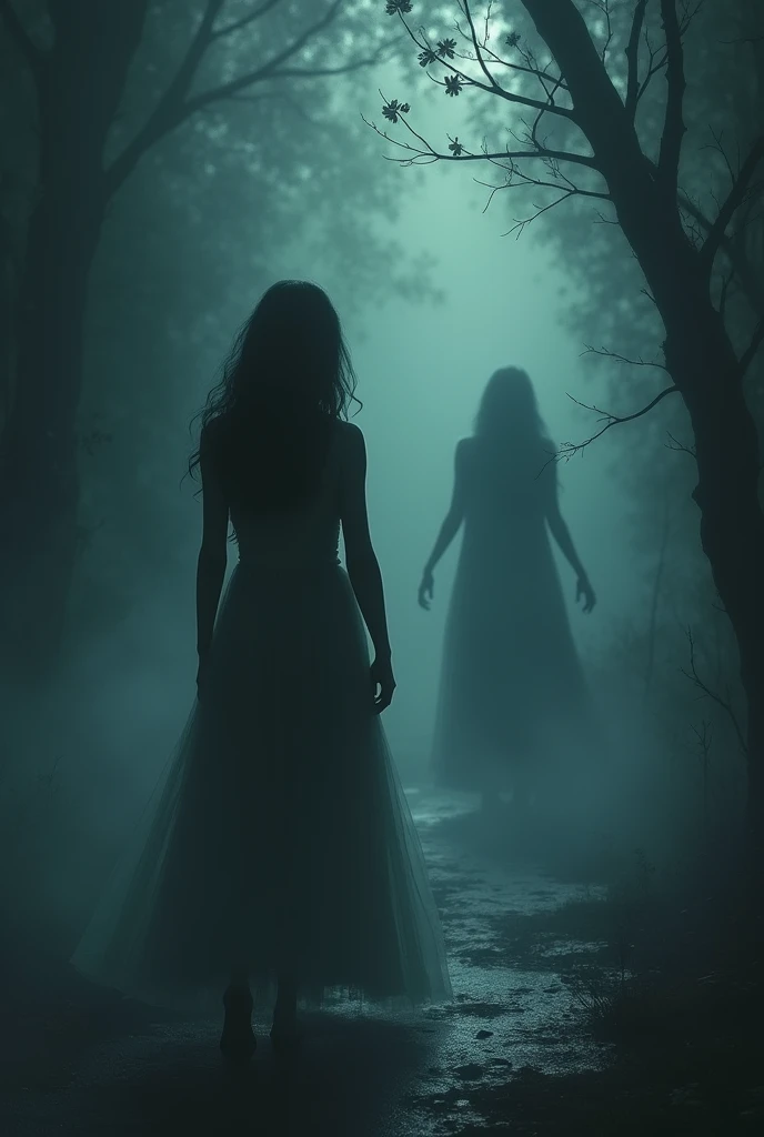 Haunting Dream: "Jennifer same in a dream, encountering a mysterious, shadowy woman with a blurred face. The dream scene is ethereal and otherworldly, with a dark and ominous atmosphere." animation form