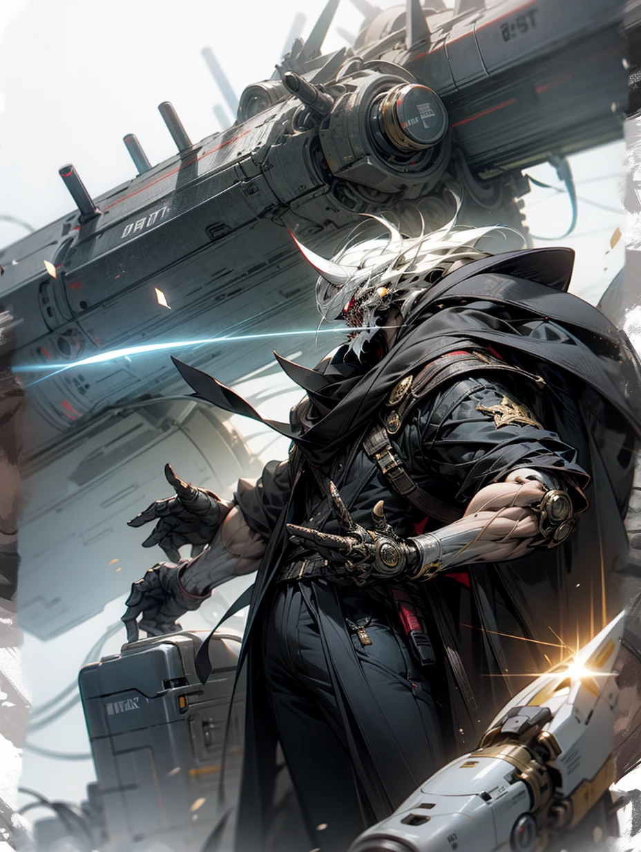 Carrying a giant electromagnetic cannon on his shoulder,Side view