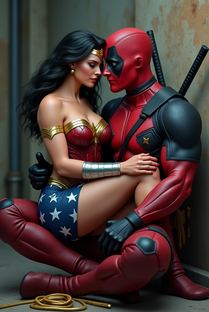 Wonder woman sits on Deadpool's lap