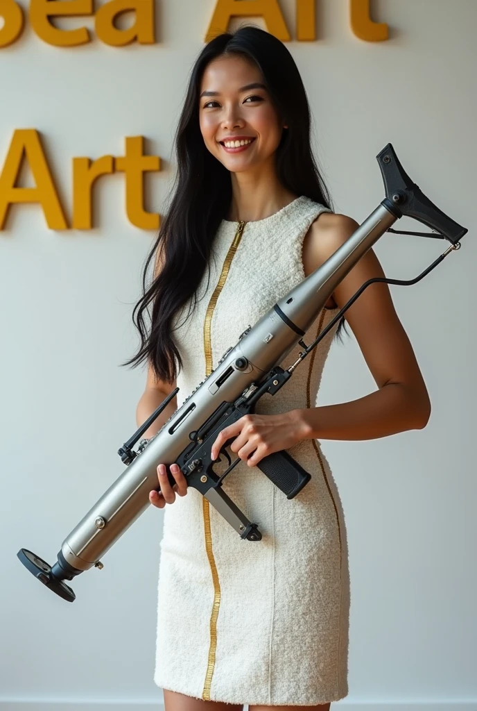 ((A brave woman who attacks with a rocket launcher that is 10 times the size of her body, 1 person)), 28 years old. Long straight black hair, slim face, very thin and fair skinned. She wears a beautiful Dior-esque white light tweed dress with gold accents. On stage for "Rocket Launcher", she wears a gorgeous dress with a blue strap around her neck and holds a ((Giant Rocket Launcher:1.3)). She smiles as she speaks to the audience. Behind her is a white wall with a yellow Sea Art logo painted on it. She has good style. Her eyes seem to have interesting and clever thoughts. Her overall vibe exudes confidence and determination as she shares her knowledge of AI technology with people from all walks of life. That's Sea Art's way of speaking. She points her ((Rocket Launcher:1.3)) at the audience.blonde, secretary, office, good, panties, Implants, 34DD, Realistic, stockings、 [Full body shot] Professional, (4K image:1.1), (Sharp focus:1.3), Highly detailed, Wearing (Tight shirt:1.2), Beautiful detailed face, Sparkling eyes, Long light hair, (Attractive young woman:1.3), (Alluring:1.1), (Blush:1.1), Pear-shaped body, Perfect hands, Natural breasts, Wide hips. --Sexy body --Prominent naked breasts --Detailed, Full body, Full of femininity, Attractive, Dazzling, sensual pose, Muse, --Unreal Engine 5. [Without clothes]. Beautiful Swedish girl, fair skin with tan lines, Sexy bikini, ((Huge breasts, No clothes, Sexy body, Curvy, BIG ASS)), Smiling, Erotic pose, Big breasts, Sitting on bed,