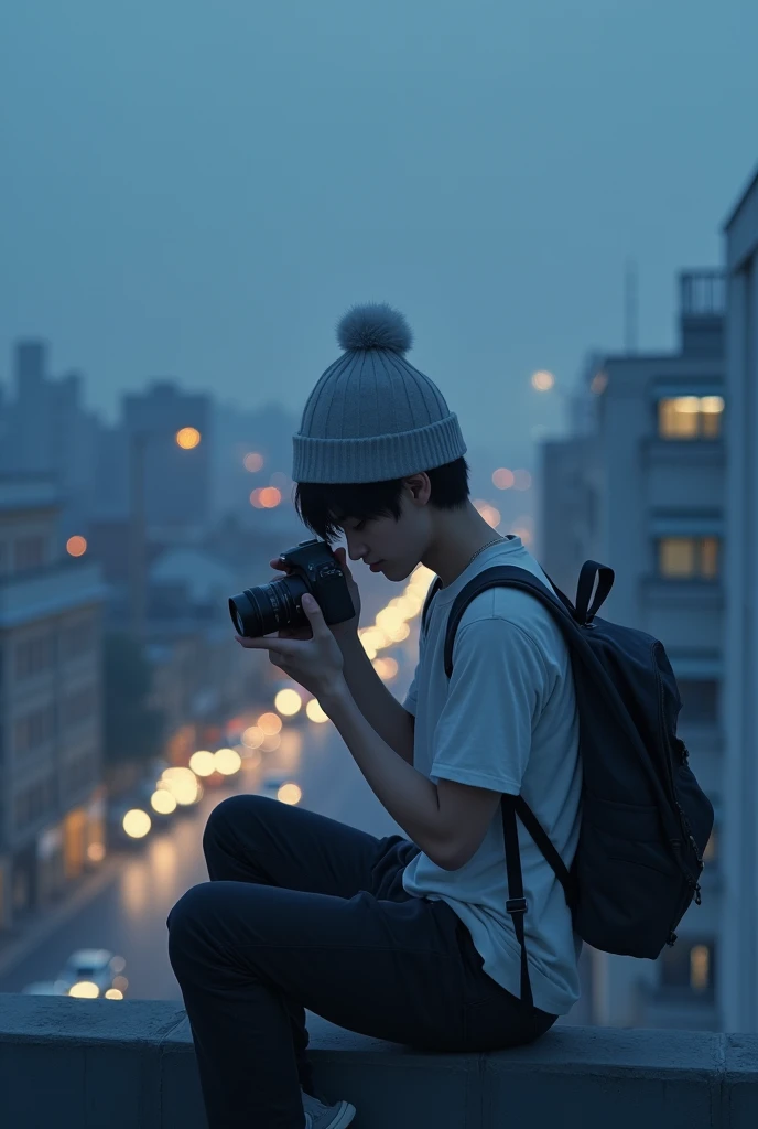 The image shows an adult Japanese male sitting perched on a rooftop at dusk or nighttime with a cityscape in the background. The subject is dressed casually, with a light grey beanie hat obscuring his face, a loose fitting white T-shirt, and black pants. He has short hair and tilts his head downwards, obscuring his facial expression. He is concentrating on adjusting the camera in his hands, apparently preparing to take a picture. The scene has a cool, muted colour scheme, with the lighting casting a blue hue over the rooftop area and the city below lit with a warm yellow light from the buildings and cars in the parking lot. The overall atmosphere conveys a sense of quiet concentration and urban exploration.