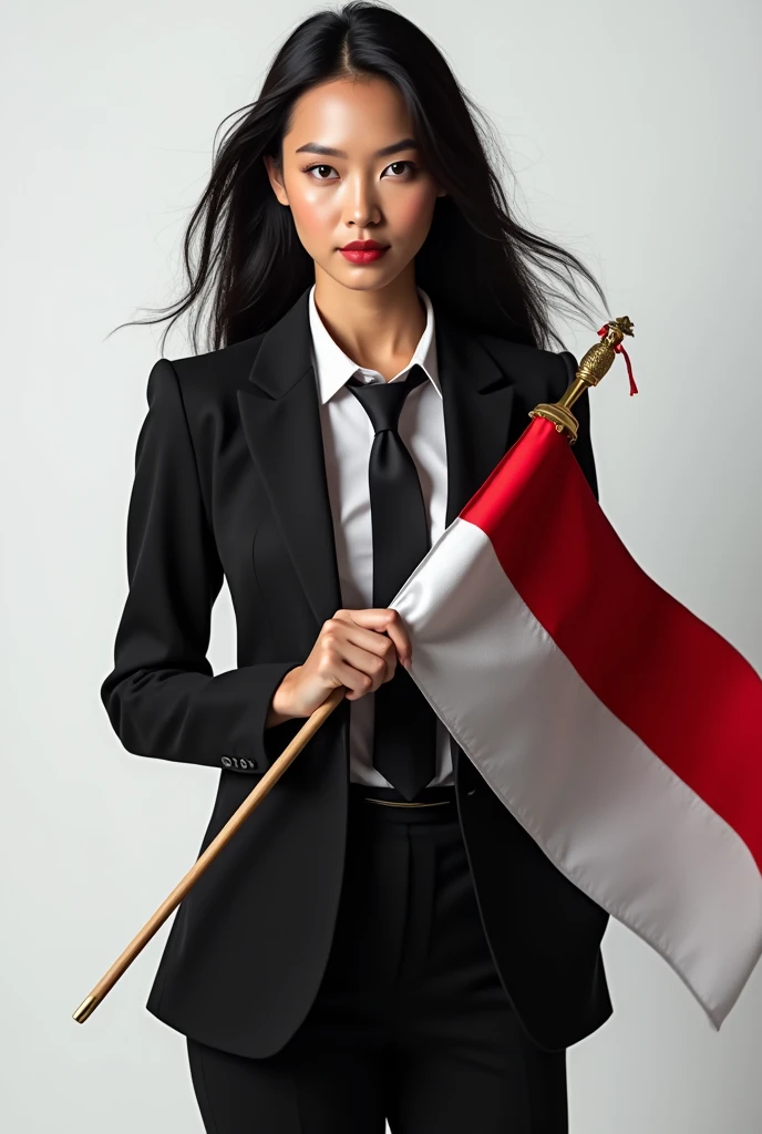 Portrait, beautiful woman, holding Indonesian flag, alpha female, shirt, blazer red, tie, elegant, black hair, white background
