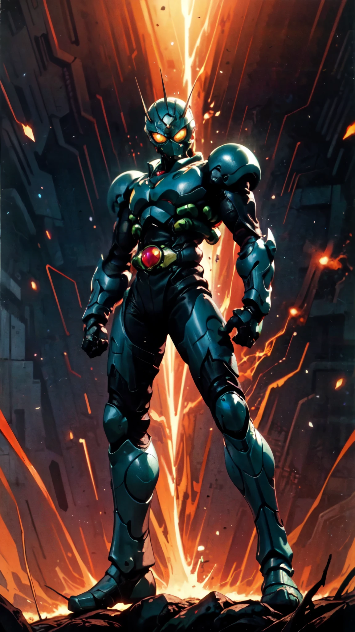 (masterpiece:1.5, best quality:1.5, extremely delicate:1.5), a man wearing a full-face helmet, a fantasy-style biotech armored combat suit, green eyes, (a composite layered chest armor), fully enclosed shoulder guards, matching arm and leg guards, belt of Neon circuit, (the color scheme is primarily black with green and red accents), the design balances heavy with agility, a high-tech bio-mecha armor, (Armor Concept Inspired by Kamen Rider, stand on the top of a skyscraper in a futuristic sci-fi city), this character embodies a finely crafted fantasy-surreal style armored hero in anime style, exquisite and mature manga art style, (element, plasma, energy, the armor glows), ((male:1.5)), metallic, high definition, highres, ultra-detailed, ultra-fine painting, professional, perfect body proportions, golden ratio, anatomically correct, symmetrical face, extremely detailed eyes and face, high quality eyes, creativity, RAW photo, UHD, 32k, Natural light, cinematic lighting, masterpiece-anatomy-perfect