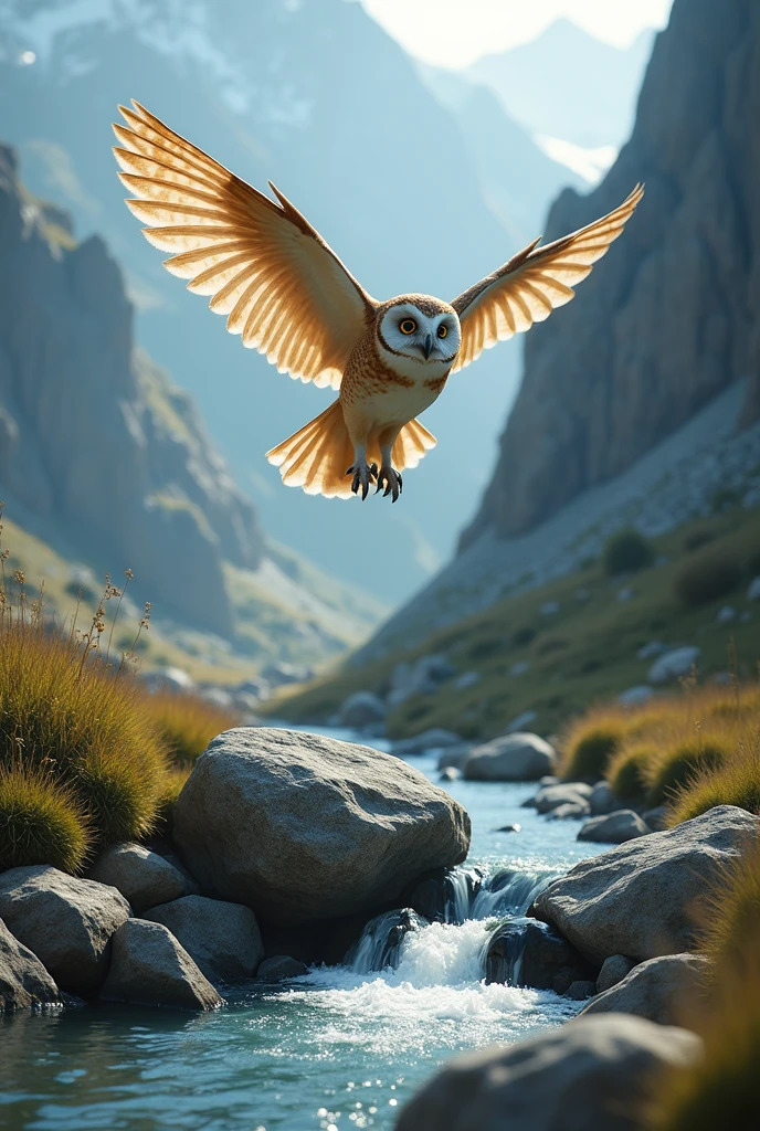 An small owl flying over a mountain. Below is a stream. A rock in the middle of the rever and its blocking the flow of water.after the rock water flow reduced