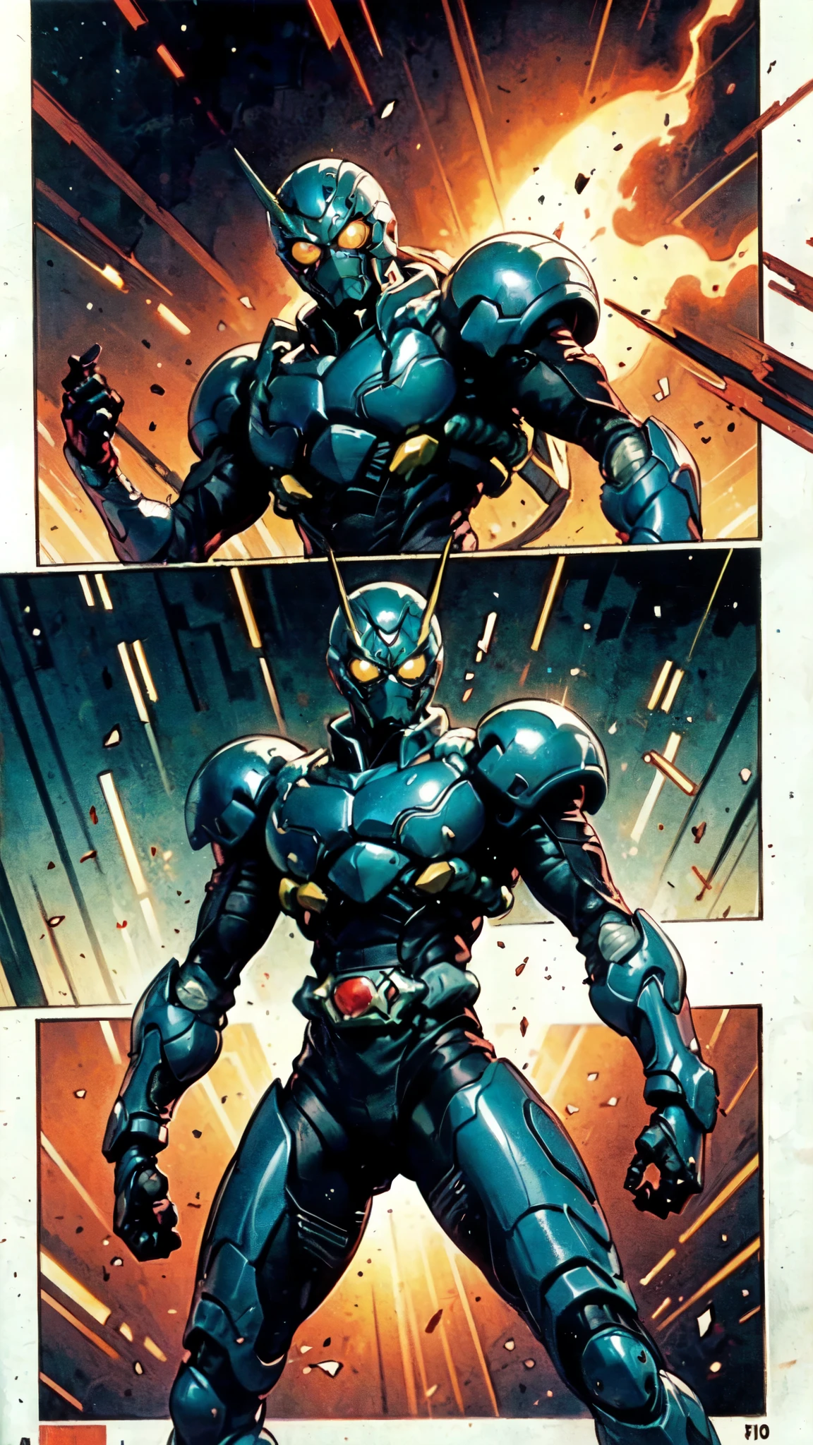 (masterpiece:1.5, best quality:1.5, extremely delicate:1.5), a man wearing a full-face helmet, a fantasy-style biotech armored combat suit, green eyes, (a composite layered chest armor), fully enclosed shoulder guards, matching arm and leg guards, belt of Neon circuit, (the color scheme is primarily black with green and red accents), the design balances heavy with agility, a high-tech bio-mecha armor, (Armor Concept Inspired by Kamen Rider, stand on the top of a skyscraper in a futuristic sci-fi city), this character embodies a finely crafted fantasy-surreal style armored hero in anime style, exquisite and mature manga art style, (element, plasma, energy, the armor glows), ((male:1.5)), metallic, high definition, highres, ultra-detailed, ultra-fine painting, professional, perfect body proportions, golden ratio, anatomically correct, symmetrical face, extremely detailed eyes and face, high quality eyes, creativity, RAW photo, UHD, 32k, Natural light, cinematic lighting, masterpiece-anatomy-perfect