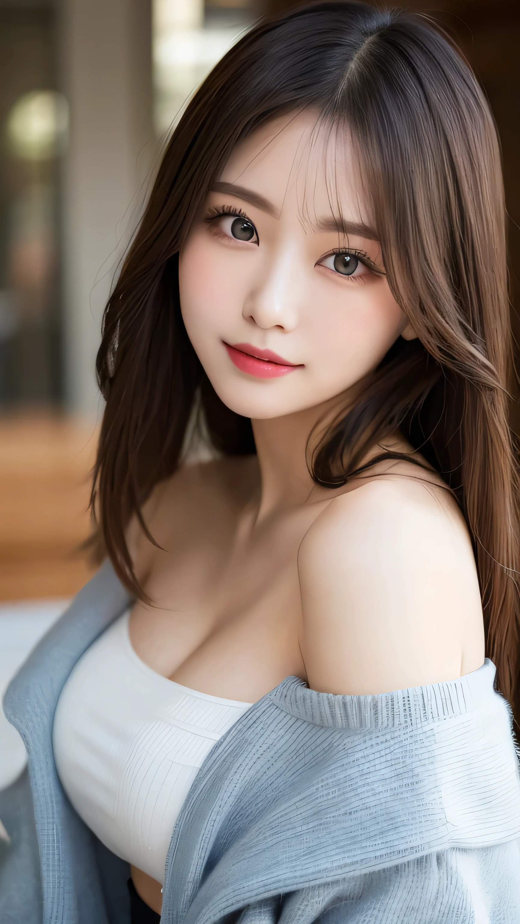 Tabletop,Highest quality, masterpiece, Very detailed, High resolution, 8k wallpaper, Perfect dynamic composition, 20-year-old girl, Fine and beautiful eyes, Beautiful long straight hair,Trending Fashion,Small breasts, Natural color lips, Bold sexy pose, A shy smile, Cute Woman, Elegant face,Slim Style, Tokyo, Big eyes,Sexy shots for the camera, Perfect and beautiful face,elegant,Off the shoulder,Wear a jacket,Perfect and beautiful face,Beautiful breasts,Off the shoulder,Wear a jacket