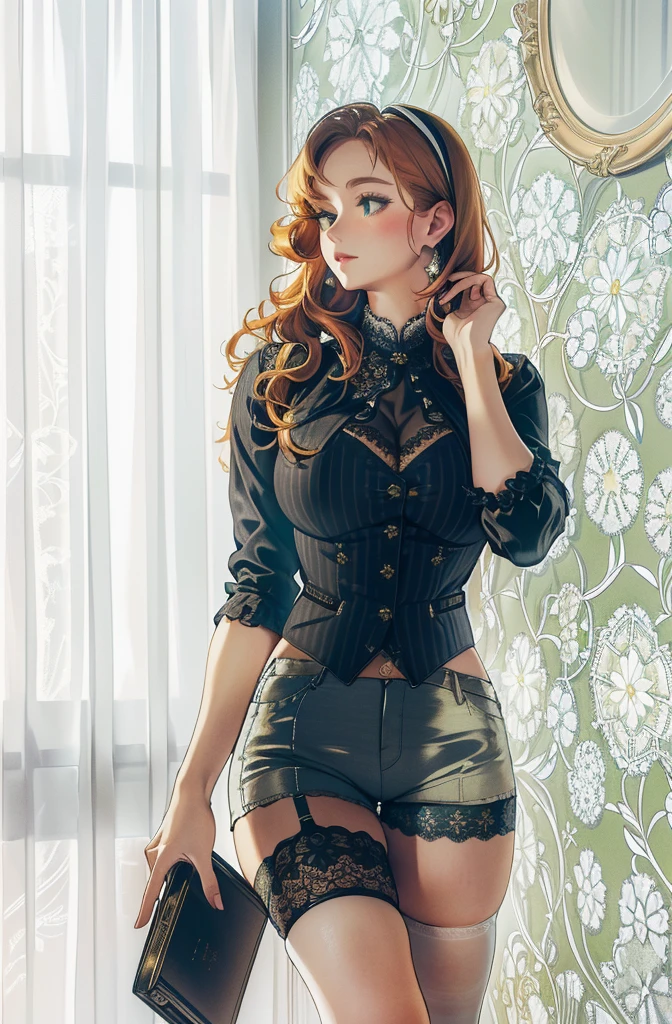Lace Lemon, pretty Woman, Ginger Curls, diaphragm, White fabric hot pants,Vest, shorts, freckle, Large Breasts, Rubens style, Over-the-knee striped socks, Long Shot