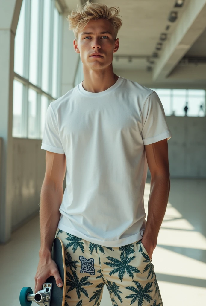 Imagine a detailed hyperrealistic, blonde male model carrying a baker skateboard, 19 and, indoor skatepark, luxury , white t shirt, opal tree pattern shorts, preppy, real lighting perfect face, perfect body, canon eos r5