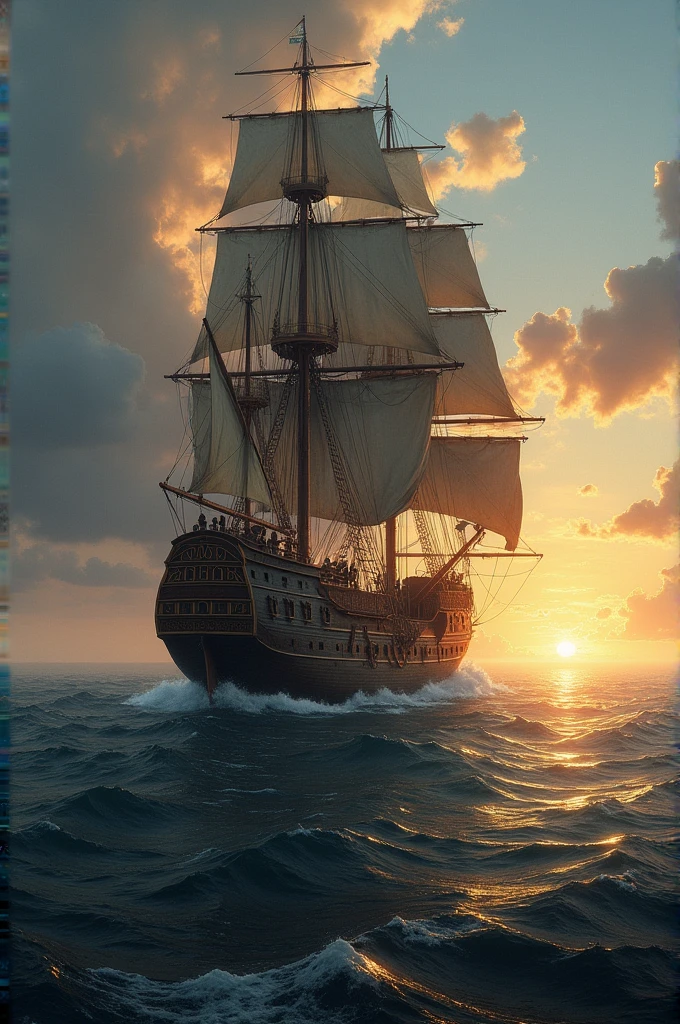 XVII century ship, northern Europe, evening light, athlantic