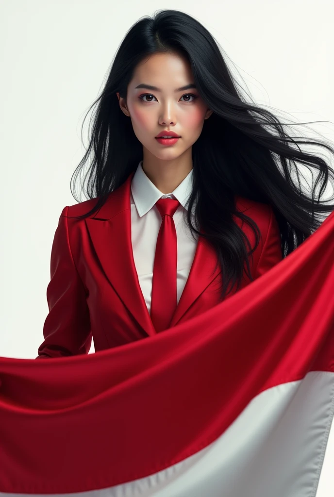 Portrait, beautiful woman, holding Indonesian flag, alpha female, shirt, blazer red, tie, elegant, black hair, white background