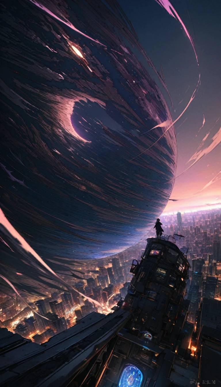 Highest quality, Super Fine, 16K, Incredibly absurd, Very detailed,On top of a building, Gazing into the distance, Wearing a loose T-shirt, Captivating look, Wind, Wind-effect, moonlit nightscape, (Nice views:1.1) , Clockpunk looking down on the city