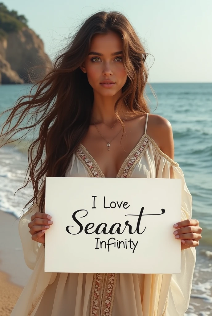 Beautiful girl with wavy long hair, bohemian dress, holding a white board with text "I Love Seaart Infinity" and showing it to the viewer