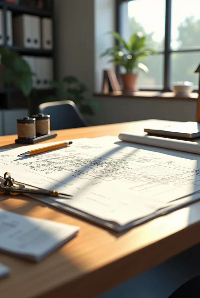large desk table, an open engineering project on the table, on the table you can see a pencil, a pen, a compass and a scale, the background is an engineering office, clear, clean and organized, sunlight coming through the window.