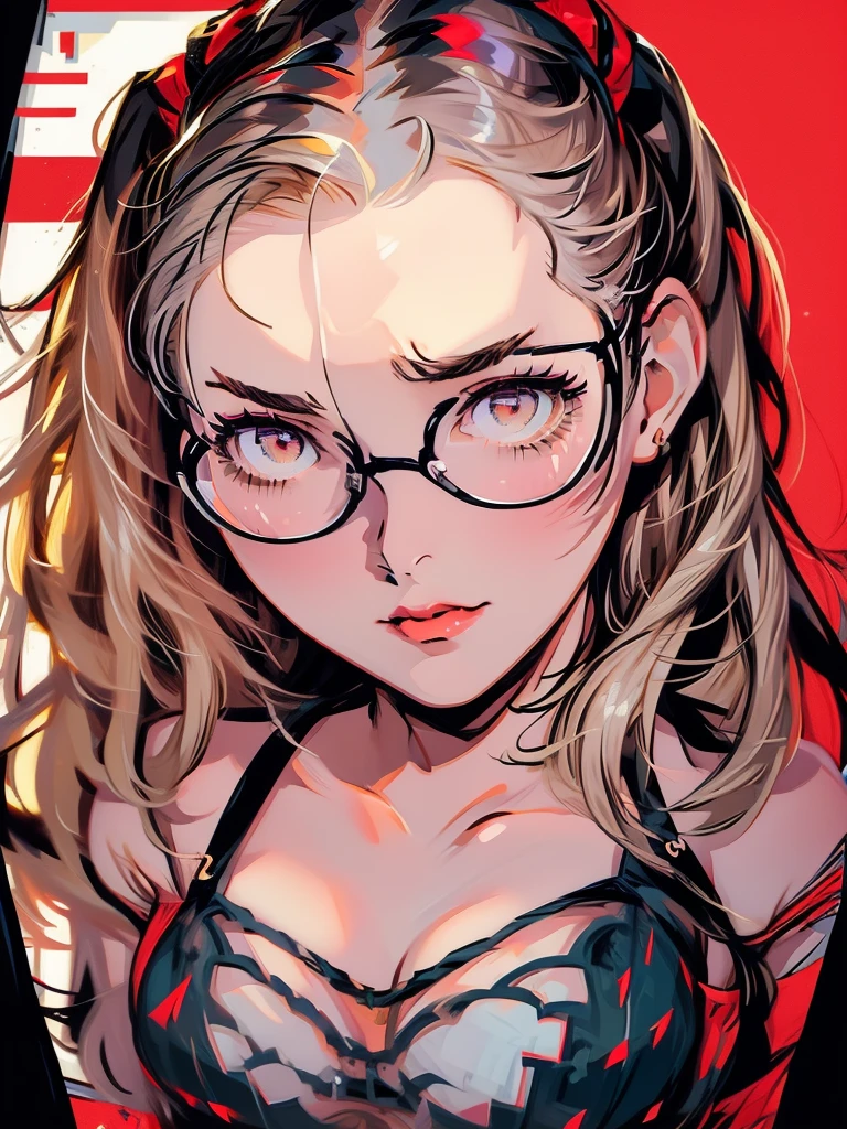 ((chibi)), big head, focus face, in the art style of persona5, (masterpiece:1.2, highest quality), (Realistic, photoRealistic:1.4), Beautiful illustrations, (Natural Side Lighting, Cinema Lighting), Written boundary depth, Beautiful thighs staring at the viewer, 1 female, 20-year-old, alone, thin, slender, (small breasts), long Hair, straight Hair, Forehead, Forehead, Forehead, Forehead, thin, slender, glasses, lingerie, white bra, (((She wears sexy bra))), Are standing, (((glasses))), ((Close-up)), ((Close-up)), ((Close-up))